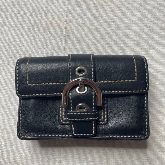 Coach Handbags - Coach Mini Black Leather Silver Buckle Card Case Wallet